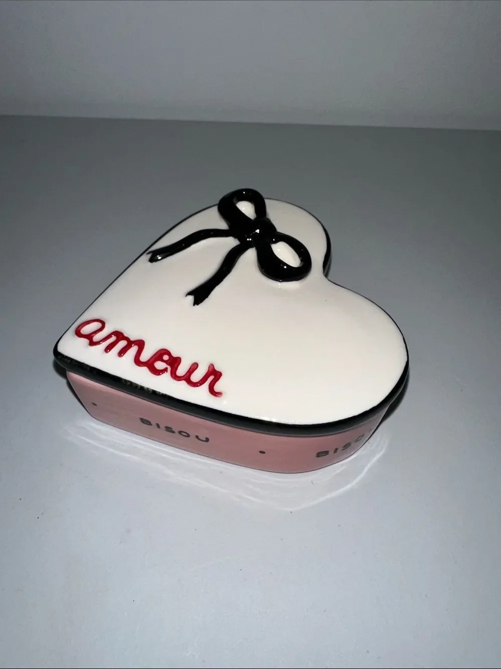Anthropologie Amour White Pink Black Bow Ceramic Heart Shaped Trinket with a Lid